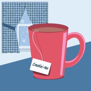Pink mug of tea on a blue table with a tea tag saying "creativi-tea"