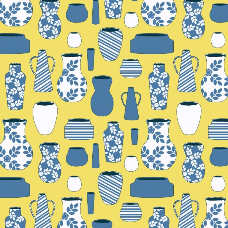 Pottery pattern by Stacy Kenny Mitchell. Various shapes of pottery decorated in blue and white on a golden yellow background.