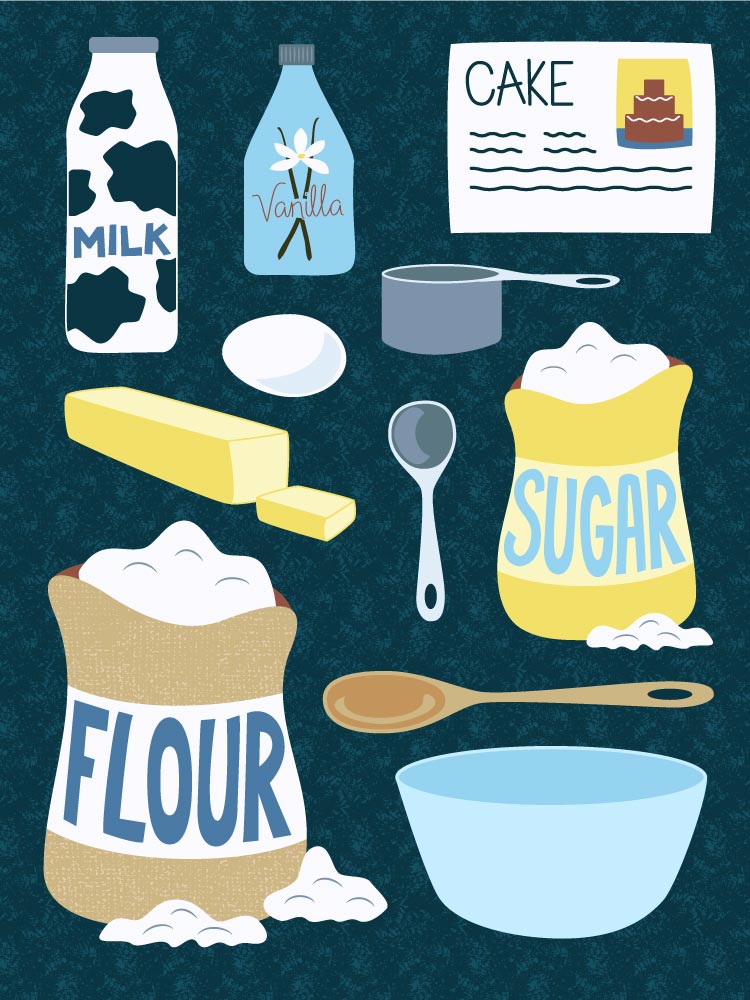 Illustration of cake ingredients and baking implements