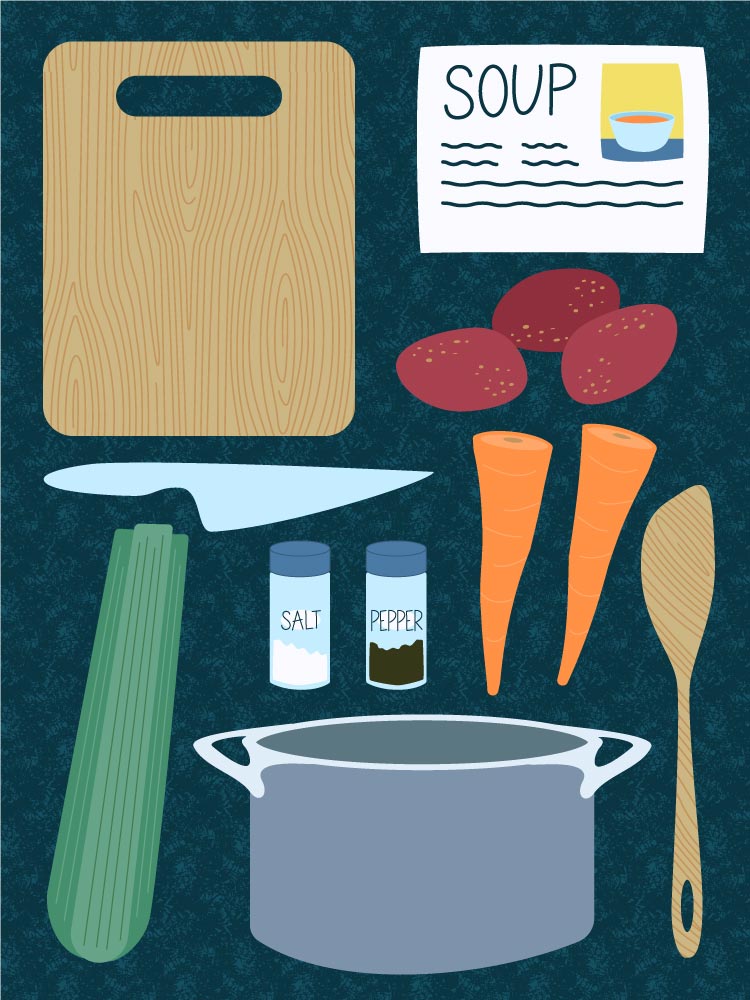 Illustration of soup ingredients and cooking implements