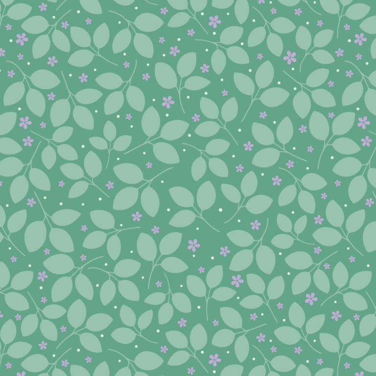 Green leaves with small purple flowers and tiny yellow polka dots.