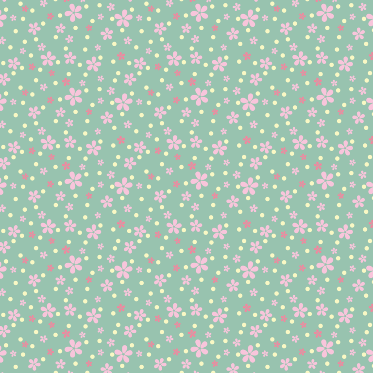 Tiny pink flowers in two shades and yellow polka dots on a light green background