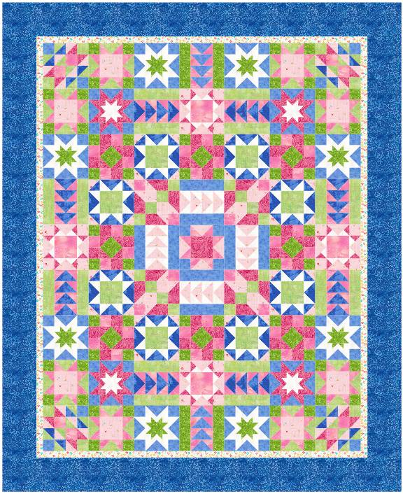 Colorful quilt in pinks, blues, and greens with many blocks featuring stars.