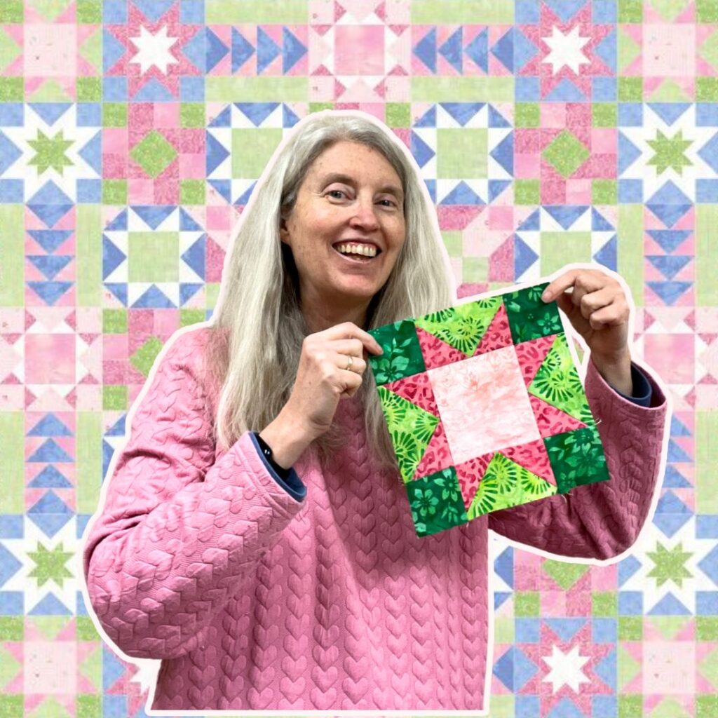 Stacy holding block #10, a sawtooth star block