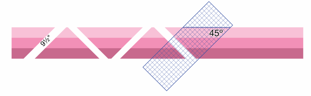 Diagram of strips set being cut into triangles using the 45 degree mark on a quilting ruler