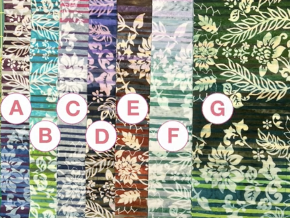 Seven striped batik fabrics labeled A through G