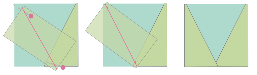 Illustration showing aligning rectangle with square by pinning dots along the diagonal for second rectangle.