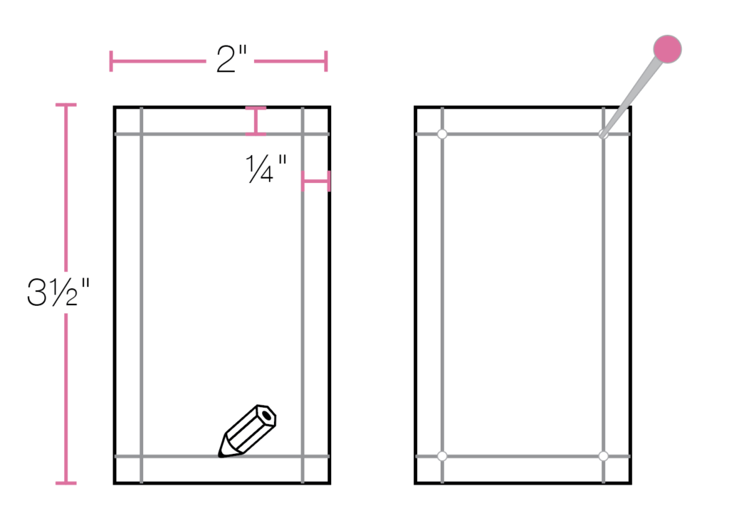Illustration showing dimensions of rectangular template and where to poke holes