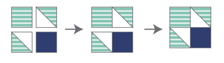 Illustration of how the four-patch corner units are constructed using squares and HSTs